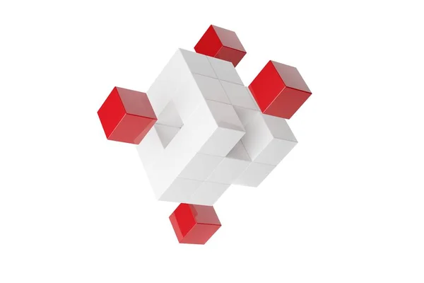 白い背景に隔離された白いキューブの箱から4つの赤いキューブの浮動オフセット ビジネスパートナーシップ チームワークやソフトウェアモジュールのコンセプト 3Dイラスト — ストック写真