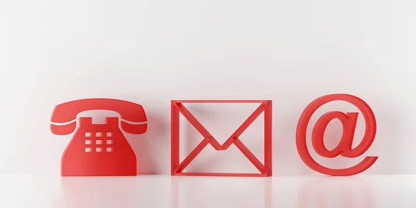 Czerwony Szklany Telefon List Kopertowy Symbole Mail Białej Ścianie Błyszczącym — Zdjęcie stockowe