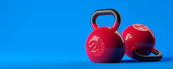 Two Red Black Fitness Gym Kettlebell Blue Background Copy Space — Stock Photo, Image