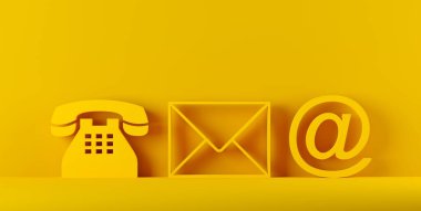 Yellow telephone, envelope letter and e-mail symbols on yellow wall and floor background, contact us symbols or banner, 3D illustration