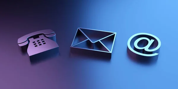 Fém Telefon Borítékbetű Mail Szimbólumok Rózsaszín Kék Megvilágított Háttérrel Modern — Stock Fotó