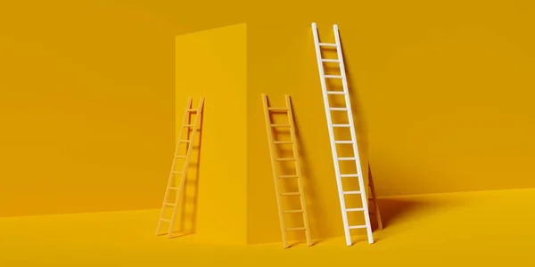 Many Ladders One Longer Others Yellow Box Background Business Success — Zdjęcie stockowe