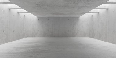 Soyut boş, modern beton oda tavanda ve beton zeminde soldan ve sağdan dolaylı aydınlatma - endüstriyel iç arka plan şablonu, 3 boyutlu resimleme