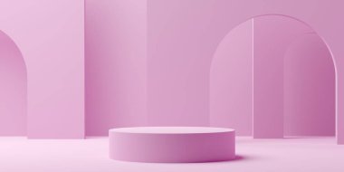 Pastel pink empty, blank dais, podium or platform background with modern minimal elements in the back, product presentation template mock-up, 3D illustration