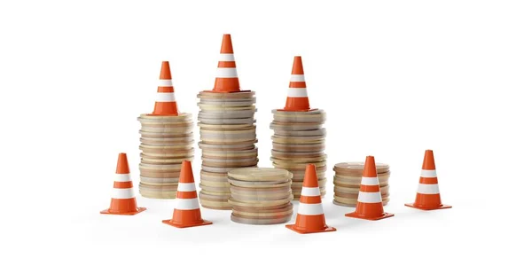 Traffic Cones Coin Stacks White Background Money Safety Value Protection — Photo