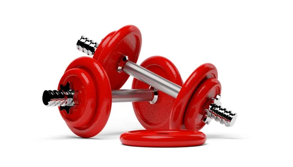 Two Fitness Gym Dumbbells Chrome Handle Red Plates White Background — Zdjęcie stockowe