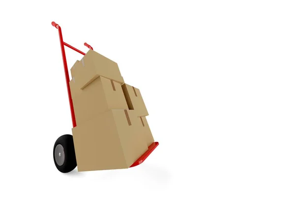 带有纸板箱和包裹的红色轮式手推车或手推车 白色背景 交付或运输或移动概念 3D插图 — 图库照片