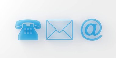 Beyaz zemin üzerinde mavi cam telefon, zarf mektup ve e-posta sembolleri yukarıdan düz görünüm yatar, bizimle kontak kurar semboller veya afişler, 3D illüstrasyon