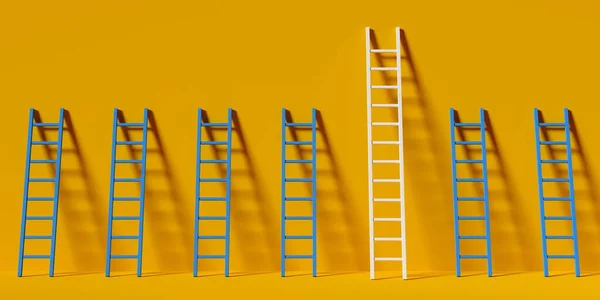 Series Row Ladders One Longer Others Yellow Wall Background Business — Stockfoto