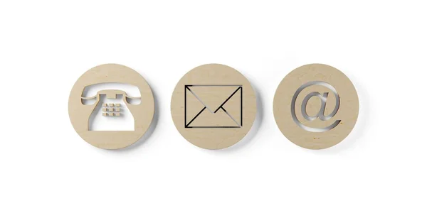 木製の丸い電話 封筒の手紙と白い背景のフラットレイアウト上から上のビューに電子メールのシンボル お問い合わせシンボルやバナー 3Dイラスト — ストック写真