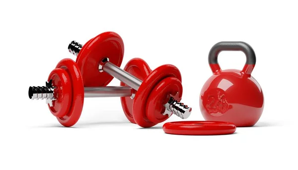 Two Fitness Gym Dumbbells Kettlebell Red Plates White Background Muscle — Stockfoto
