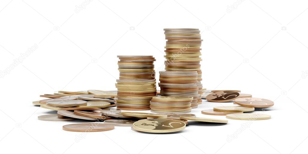 Stacks of coins with heap of coins scattered around over white background, money, finance or currency business concept, 3D illustration