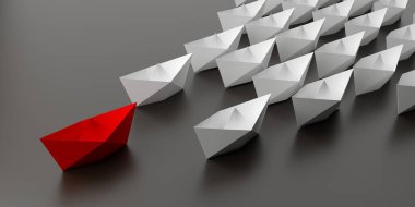 Koyu arkaplan, liderlik ya da iş başarısı konsepti üzerinde çalışan beyaz kağıt gemiler grubuna öncülük eden kırmızı kağıt tekne, 3 boyutlu illüstrasyon