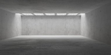Soyut boş, modern beton oda. Tavandan dolaylı aydınlatma sistemi açık ve beton zemin - endüstriyel iç arka plan şablonu, 3 boyutlu illüstrasyon