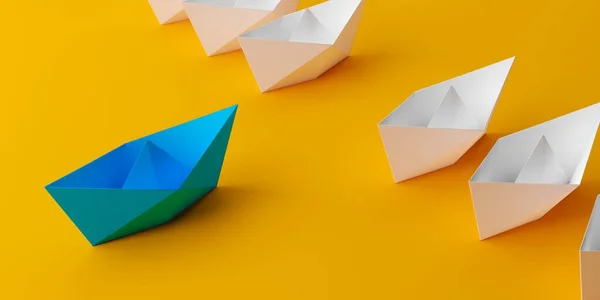 Blue paper boat in front of row of white paper ships on orange background, leadership, standing out or business success concept, 3D illustration