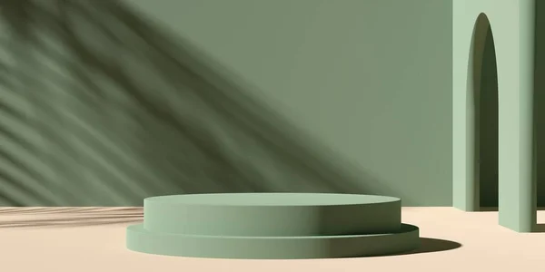 背部の葉の影とパステルグリーンと茶色の空 空白のデイジー 表彰台やプラットフォームの背景 製品プレゼンテーションテンプレートのモックアップ 3Dイラスト — ストック写真