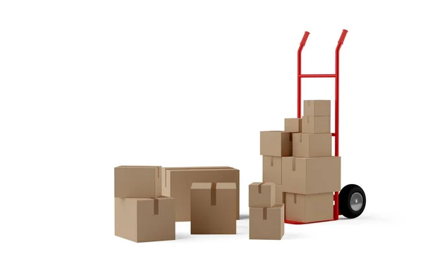 Red Wheel Barrow Hand Truck Cardboard Boxes Parcels Front White — Stock Photo, Image