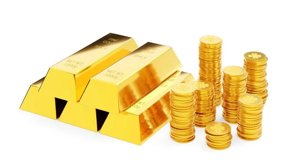 白い背景 貯蓄や金融の概念 3Dイラスト上の金のコインや金の棒 インゴットや地金のヒープの複数のスタック — ストック写真