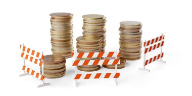 Beyaz arkaplan üzerindeki para yığınlarının önündeki sokak engelleri, para güvenliği, değer koruması veya bankacılık konsepti, 3D illüstrasyon