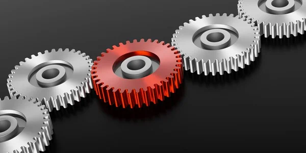 Row Shiny Metal Gears Cogwheels One Red Black Background Copy — Stock Photo, Image