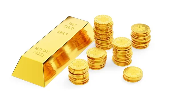 Több Halom Aranypénz Érmék Aranyrúd Ingot Vagy Aranyrúd Felett Fehér — Stock Fotó