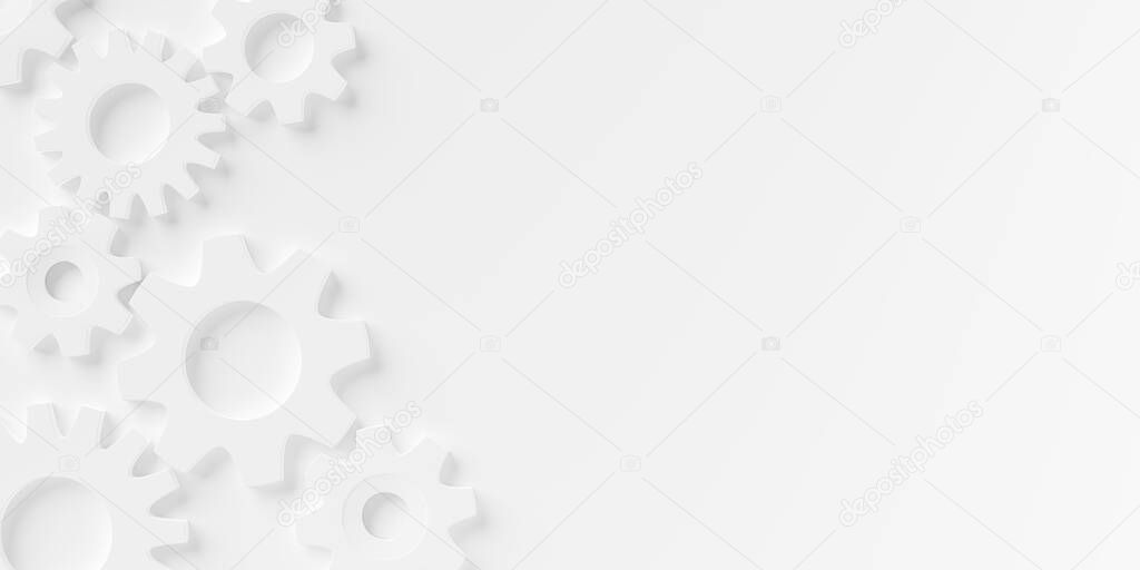 Group white gears or cogwheels on white background, modern minimal process or industry concept template flat lay top view from above with copy space, 3D illustration