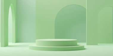 Pastel yeşil, boş kürsü, podyum veya platform arka planı arkasında modern minimal elementler, ürün sunumu şablon modeli, 3D illüstrasyon