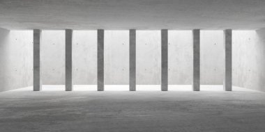 Soyut boş, modern beton oda dolaylı aydınlatma ve dikey sütunlar ve kaba beton zemin - endüstriyel iç arka plan şablonu, 3D illüstrasyon