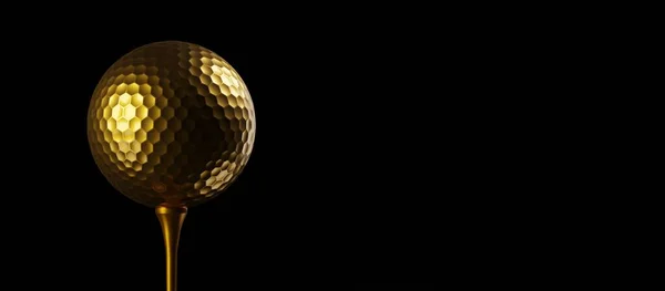 金色高尔夫球在黑色背景 获胜者或冠军概念的金色高尔夫球座上 3D插图 — 图库照片