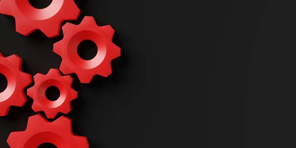 Group Red Gears Cogwheels Black Background Copy Space Modern Minimal — Stock Photo, Image