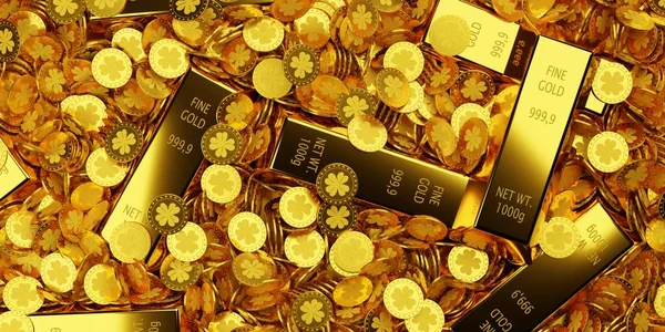 Rengeteg Arany Pénz Érmék Sok Arany Rúd Ingot Vagy Aranyrúd — Stock Fotó