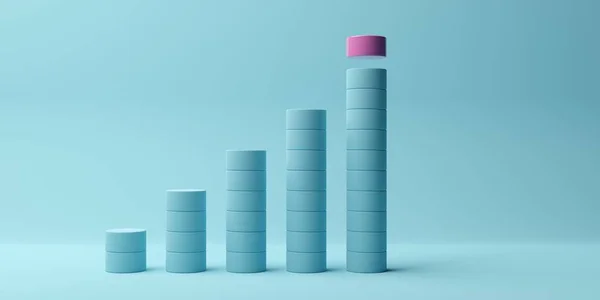 Pink Cylinder Rising Bar Graph Blue Cylinders Blue Background Abstract — Stock Photo, Image