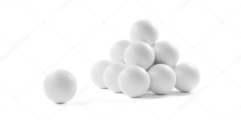 Pyramid of white golf bals with single white golf ball in front over white background, 3D illustration