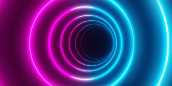 现代的 抽象的圆形蓝色和粉色霓虹灯镜框 在黑色背景上的催眠褪色隧道 3D插图 — 图库照片