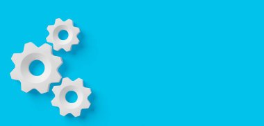 Fotokopi alanı, modern asgari yönetim, takım, süreç veya endüstri konsept şablonu yukarıdan düz görünüm, 3D illüstrasyon ile mavi zemin üzerinde üç beyaz dişli veya dişli