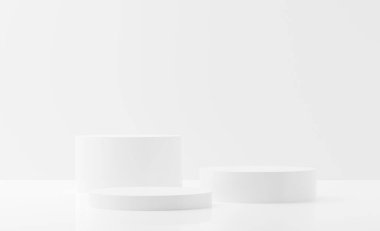 Üç yuvarlak beyaz, boş kürsü, beyaz arka planı olan podyum veya platform, ürün sunum şablonu modeli, 3D illüstrasyon