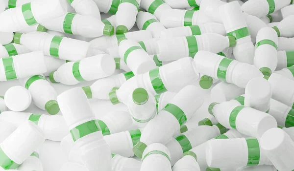 有绿色标签和帽子的大堆白色塑料瓶 废物或塑料垃圾回收概念 3D图解 — 图库照片
