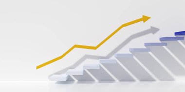 Beyaz basamaklarda süzülen ya da beyaz arka planda turuncu yükselen grafik ile yükselen basamaklar, iş başarısı ya da kariyer hedefi kavramı, 3D illüstrasyon