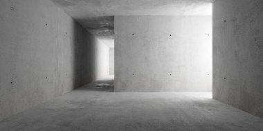 Koridoru ve pürüzlü zemini olan soyut, boş, modern beton yapı odaları - liminal endüstriyel arka plan şablonu, 3 boyutlu illüstrasyon