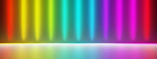 Glowing spectrum rainbow colored spotlights with reflective floor on black dark background, 3D illustration
