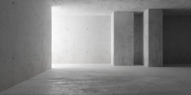 Abstract large, empty, modern concrete room, indirect light from the left, double pillar and rough floor - industrial interior background template, 3D illustration