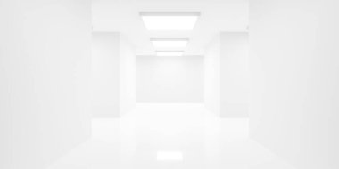 Soyut, boş, modern beyaz koridor tavanda kare ışıklar ve parlak zemin ile kesişiyor - modern, liminal iç mekan şablonu, 3 boyutlu illüstrasyon