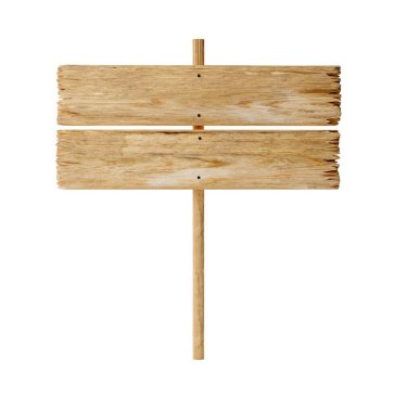 Empty, blank wooden sign from two single boards on wood post with room for text, wooden board sign template isolated on white background, 3D illustration