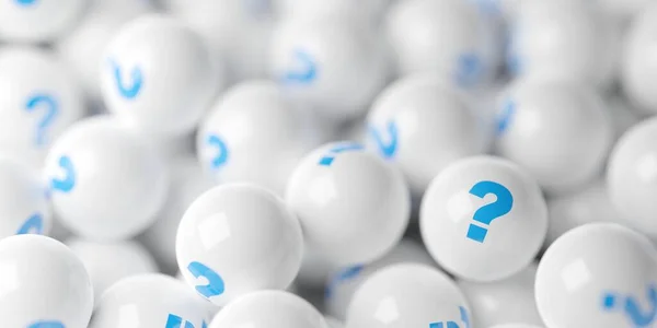 Heap White Spheres Balls Blue Question Marks Idea Solution Question — Stockfoto