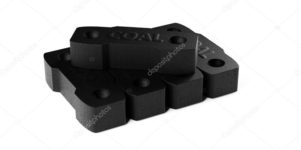 Stacked black coal briquets or briquettes over white background, 3D illustration