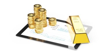 Multiple stacks of gold money coins and gold bar, ingot or bullion on computer tablet over white background, online or electronic financial management or investing concept, 3D illustration
