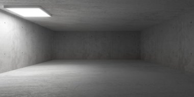 Abstract empty, modern concrete room with single square light on the ceiling and rough floor - industrial interior background template, 3D illustration