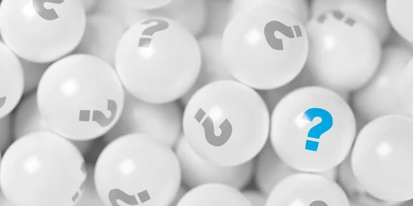 Heap of white spheres or balls with grey question marks and one blue question mark, idea, solution or question or communication business concept background, selective focus, 3D illustration