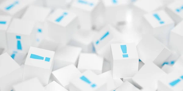 Heap White Cubes Boxes Blue Exclamation Marks Idea Solution Communication — Zdjęcie stockowe