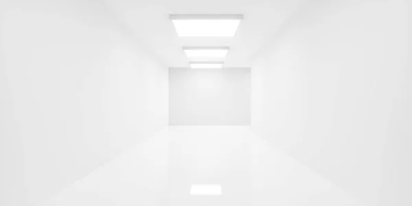 Abstract empty, modern white hallway with square lights and shiny floor - modern, liminal interior background template, 3D illustration